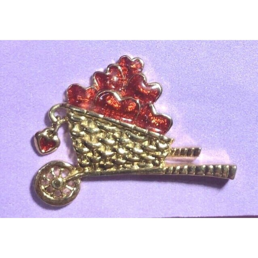 Avon ® Hearts  Wheelbarrow Pin Brooch Gold Color Dangle Heart